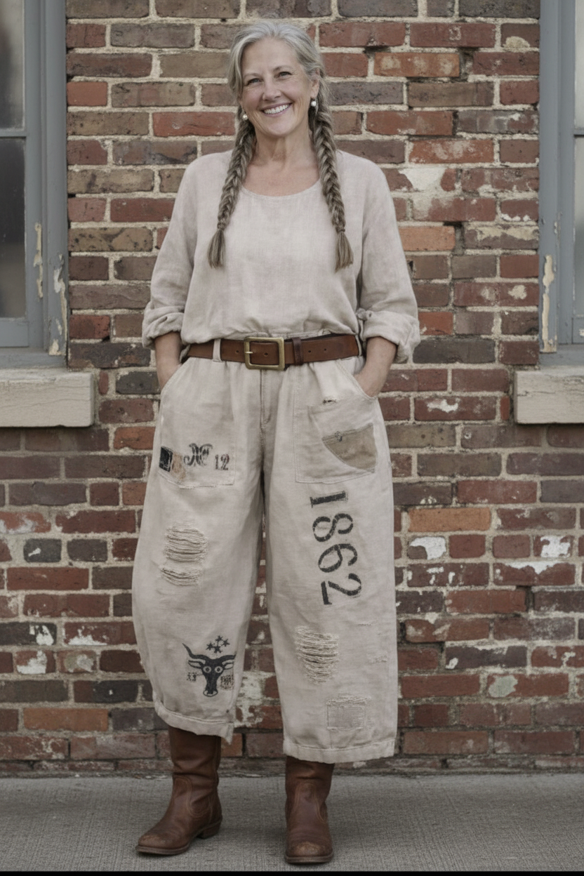 Feedsack Trousers with Brown Boots in front of Brick Building